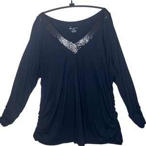 Lane Bryant Black Sequin V-Neck 3/4 Sleeve Ruched Top Size 22 24 Cocktail Party